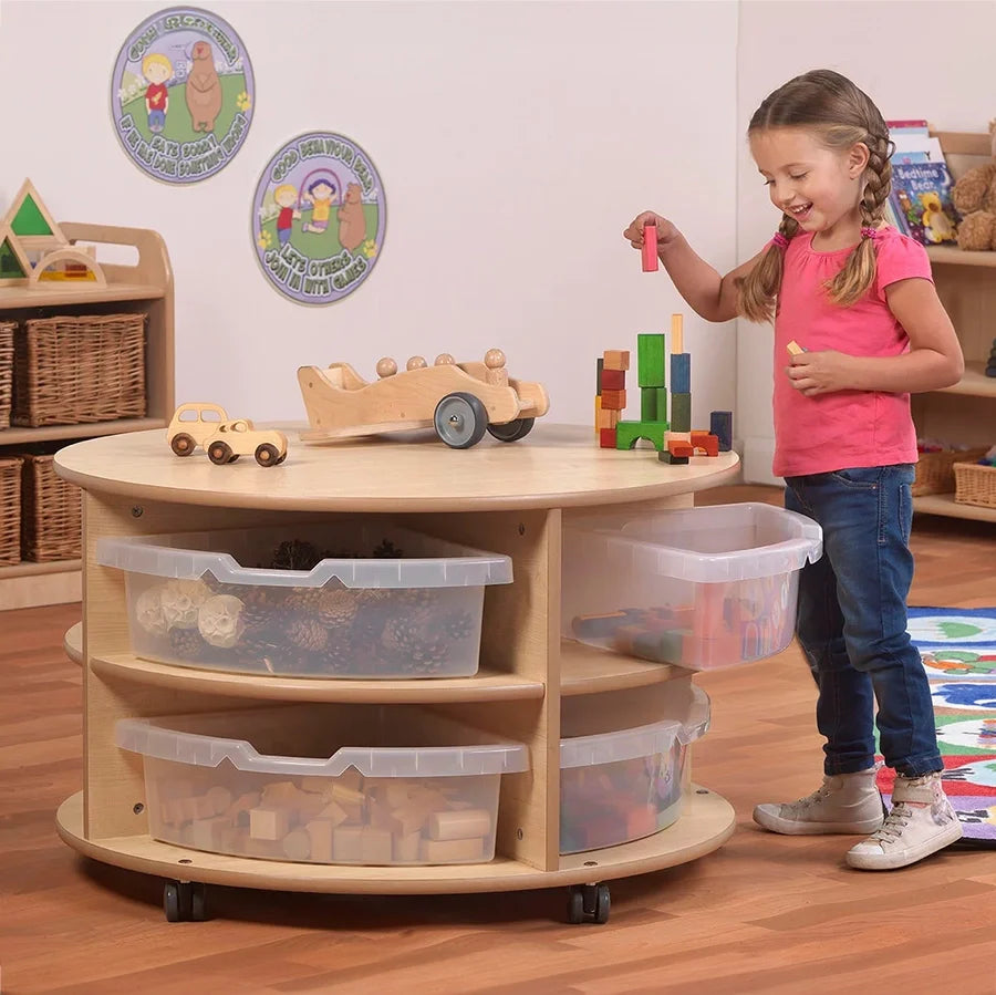 Double Tier Mobile Circular Storage Unit With 8 Clear Tubs or Baskets