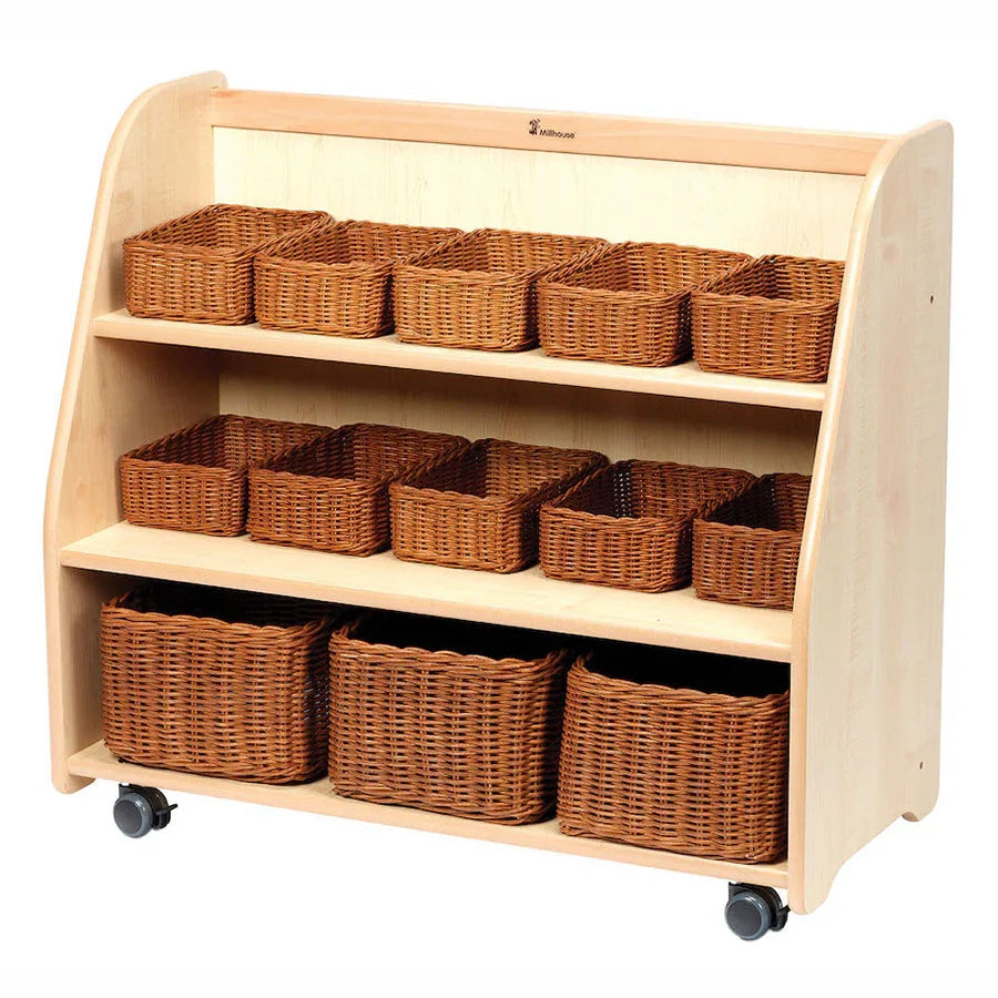Mobile Tiered Shelf Unit with Mirror Back With Baskets