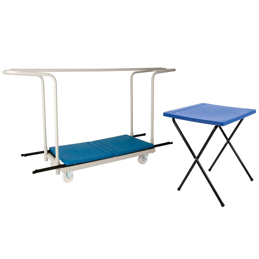 Blue Plastic Folding Exam Desks + 1 Trolley