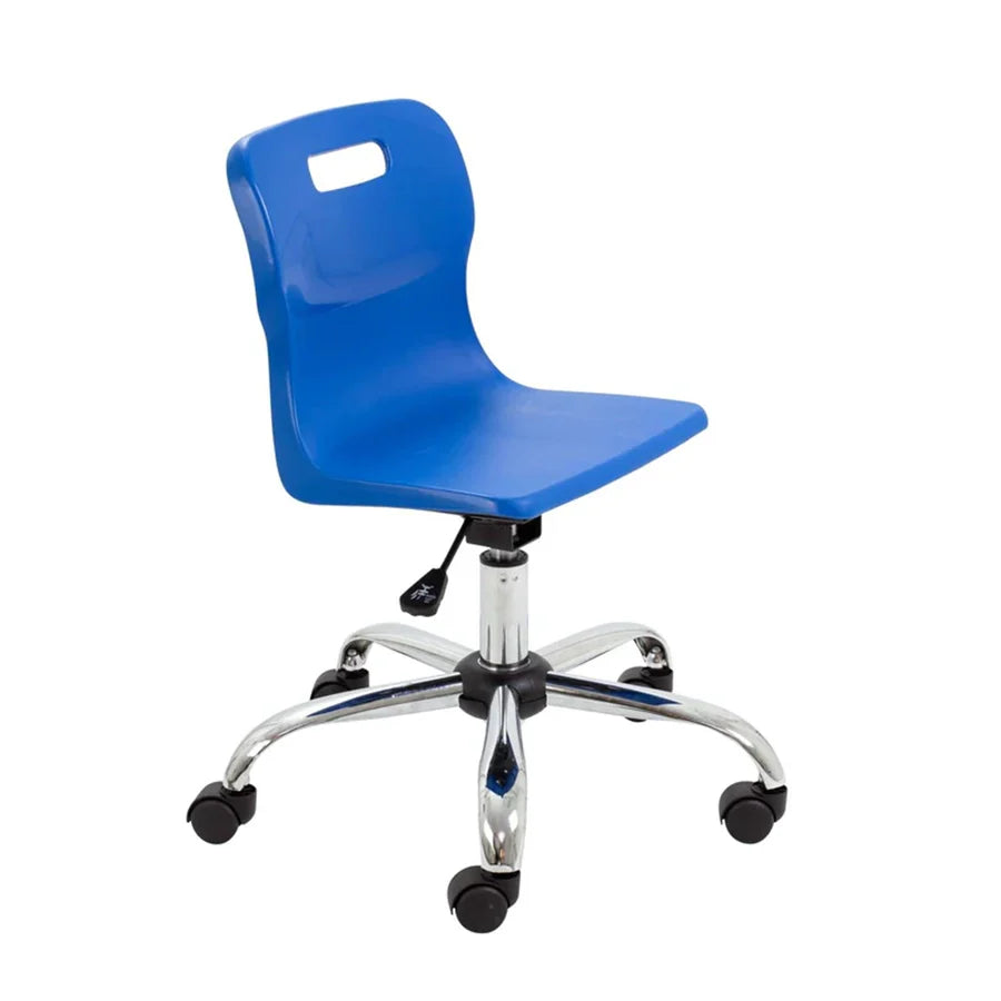 Titan Junior Swivel Chair with Chrome Base on Castors Blue Polypropylene Seat