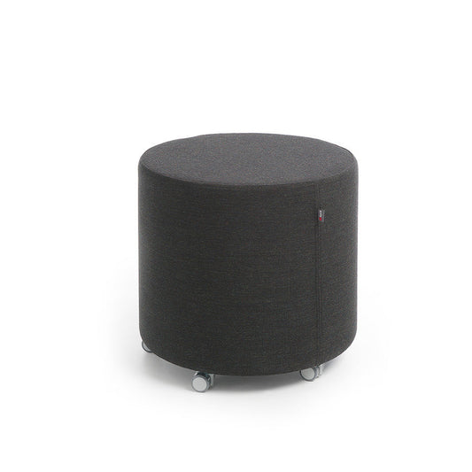 Black cylindrical Point ottoman with wheels on a white background